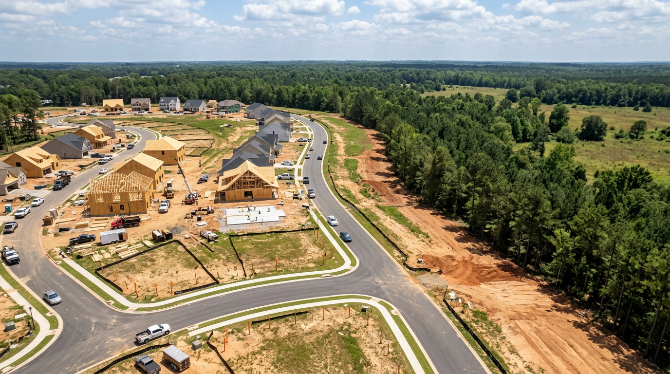 Aerial view of active residential construction transitioning from undeveloped land