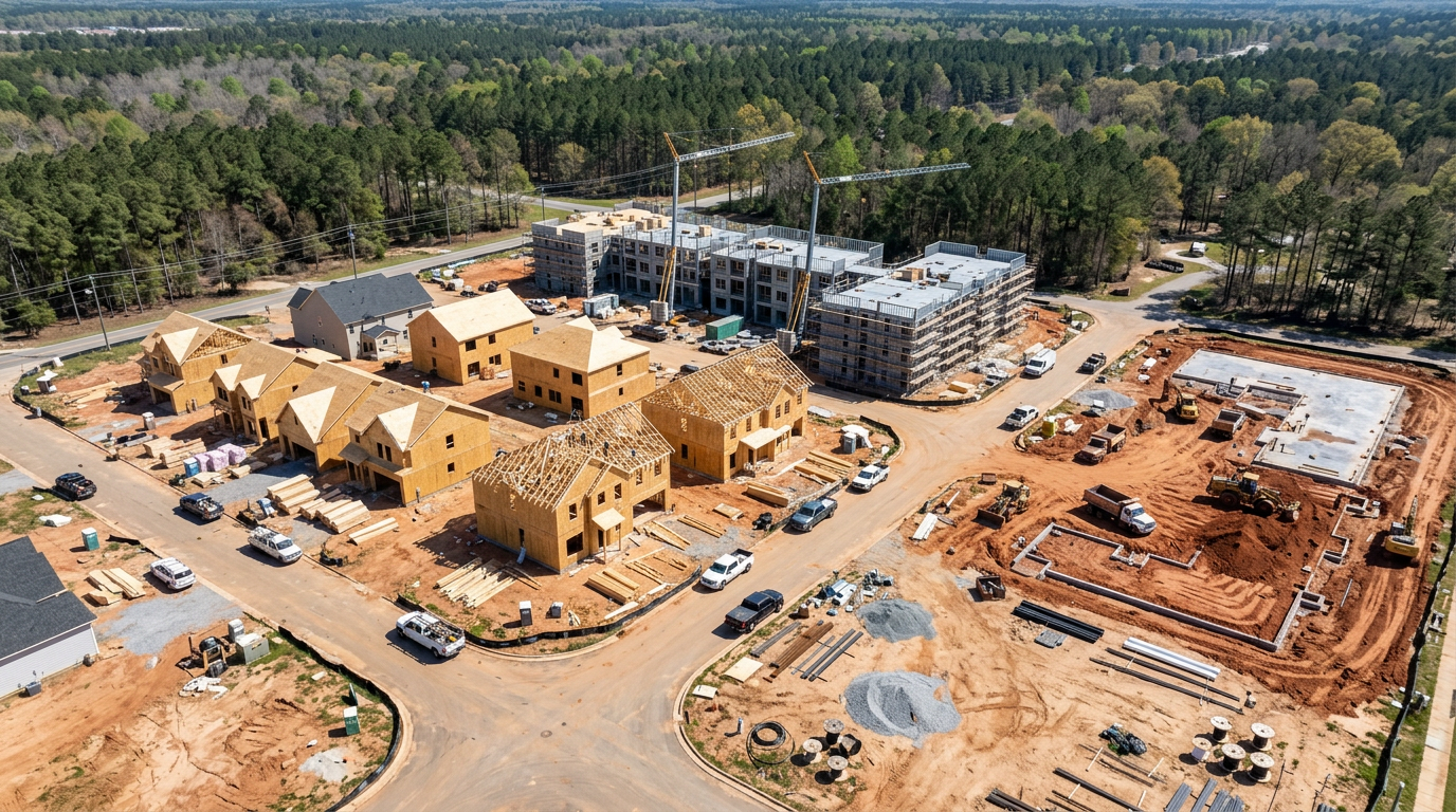 Oblique aerial of active mixed-use construction corridor with residential framing, multifamily buildings, and commercial pads