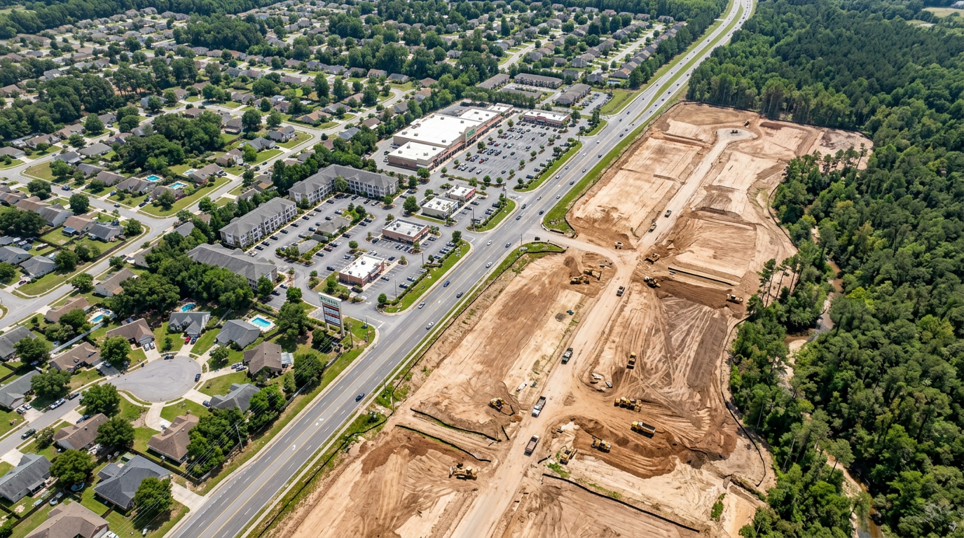 Aerial view of established mixed neighborhoods meeting cleared raw land ready for development